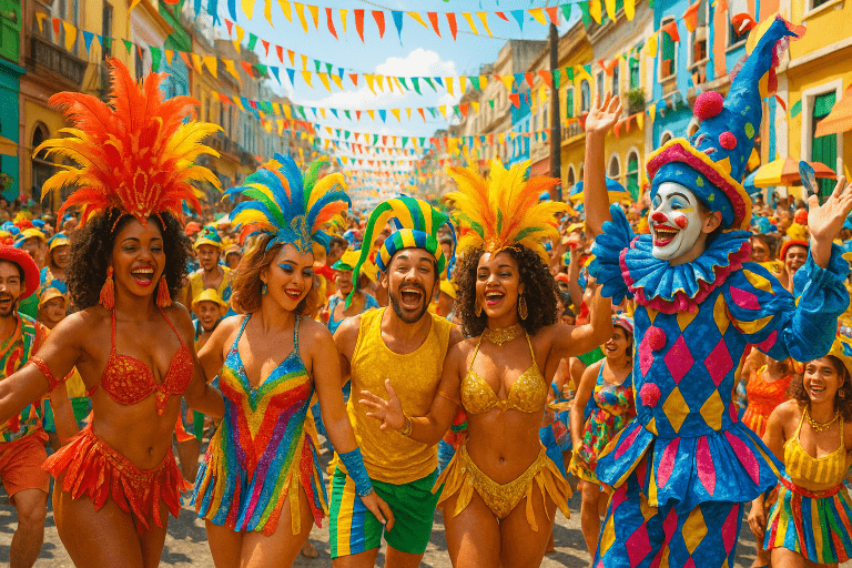 Vibrant street scene during Brazilian Carnival, showcasing colorful costumes and lively atmosphere.