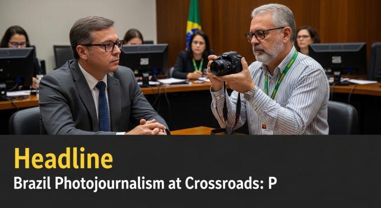 Brazilian photographer documenting a public rally in a bustling cityscape, capturing expressions and movement.