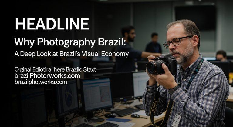 Street photographer on a Brazilian city street capturing urban life amidst colorful façades.