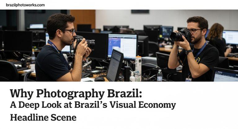 Street photographer on a Brazilian city street capturing urban life amidst colorful façades.