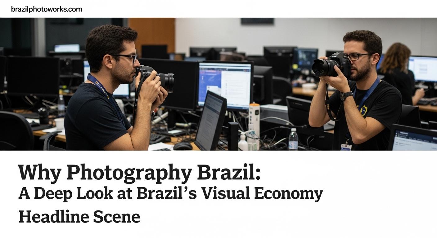 Street photographer on a Brazilian city street capturing urban life amidst colorful façades.