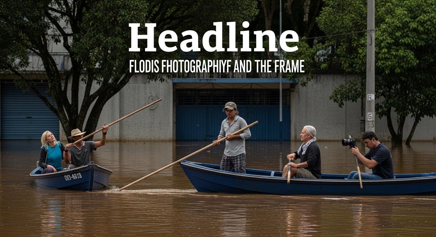 Photographer in a flooded street documenting community response during heavy rain in Brazil