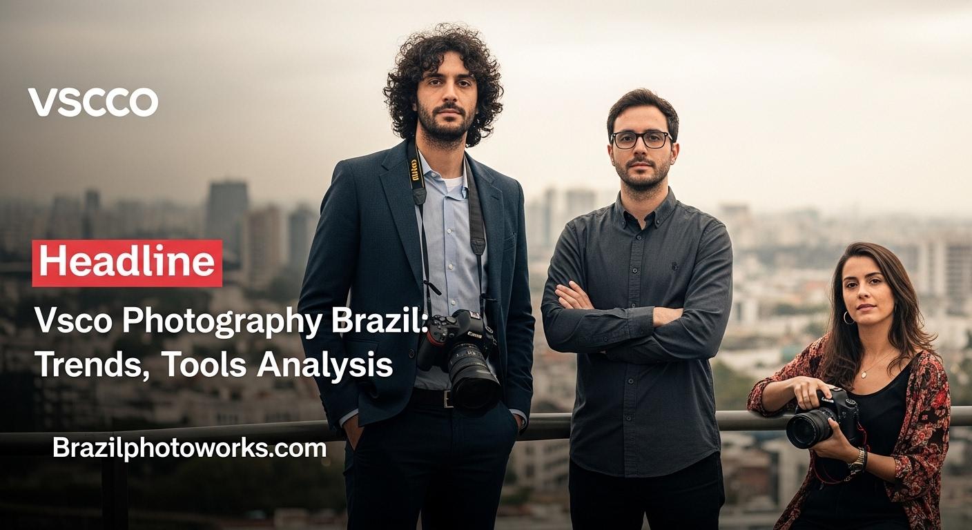 Brazilian photographer editing images with VSCO-like warmth on a laptop against a colorful cityscape.