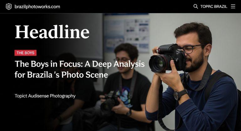 Editorial photo concept for The Boys coverage in Brazil, studio scene with a photographer and superhero posters.