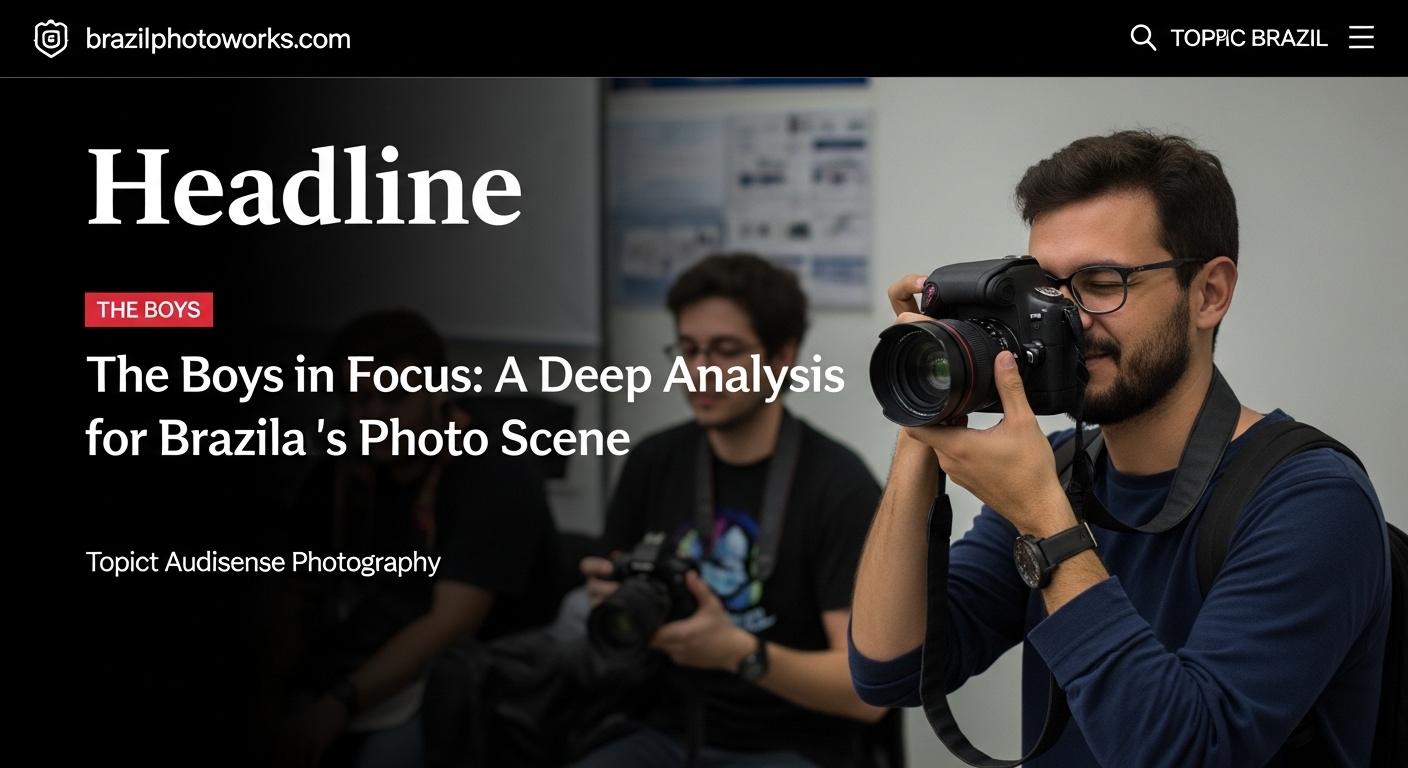 Editorial photo concept for The Boys coverage in Brazil, studio scene with a photographer and superhero posters.