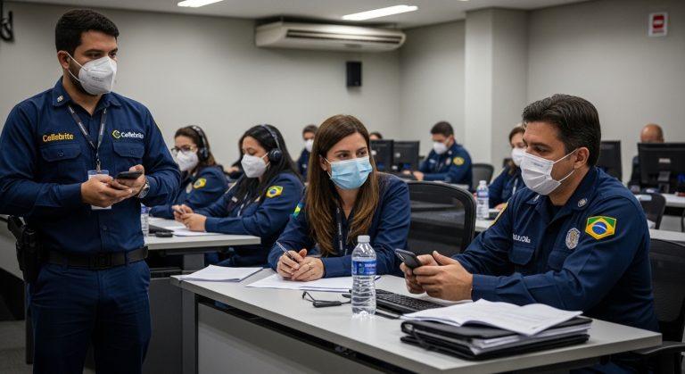 Brazilian photographer reviewing digital forensics workflow on a computer screen with Cellebrite DI interface.