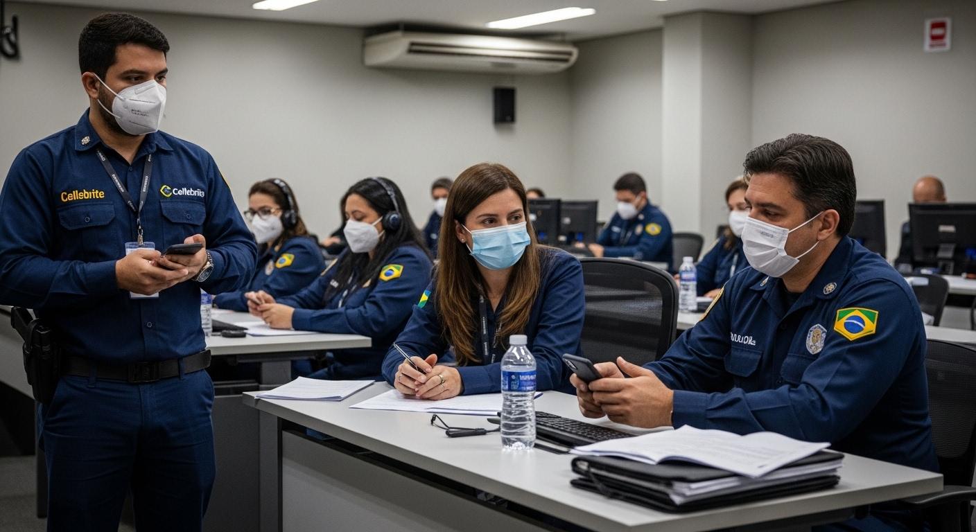 Brazilian photographer reviewing digital forensics workflow on a computer screen with Cellebrite DI interface.