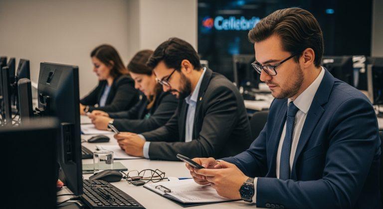 Brazilian photographer reviewing digital forensics workflow on a computer screen with Cellebrite DI interface.
