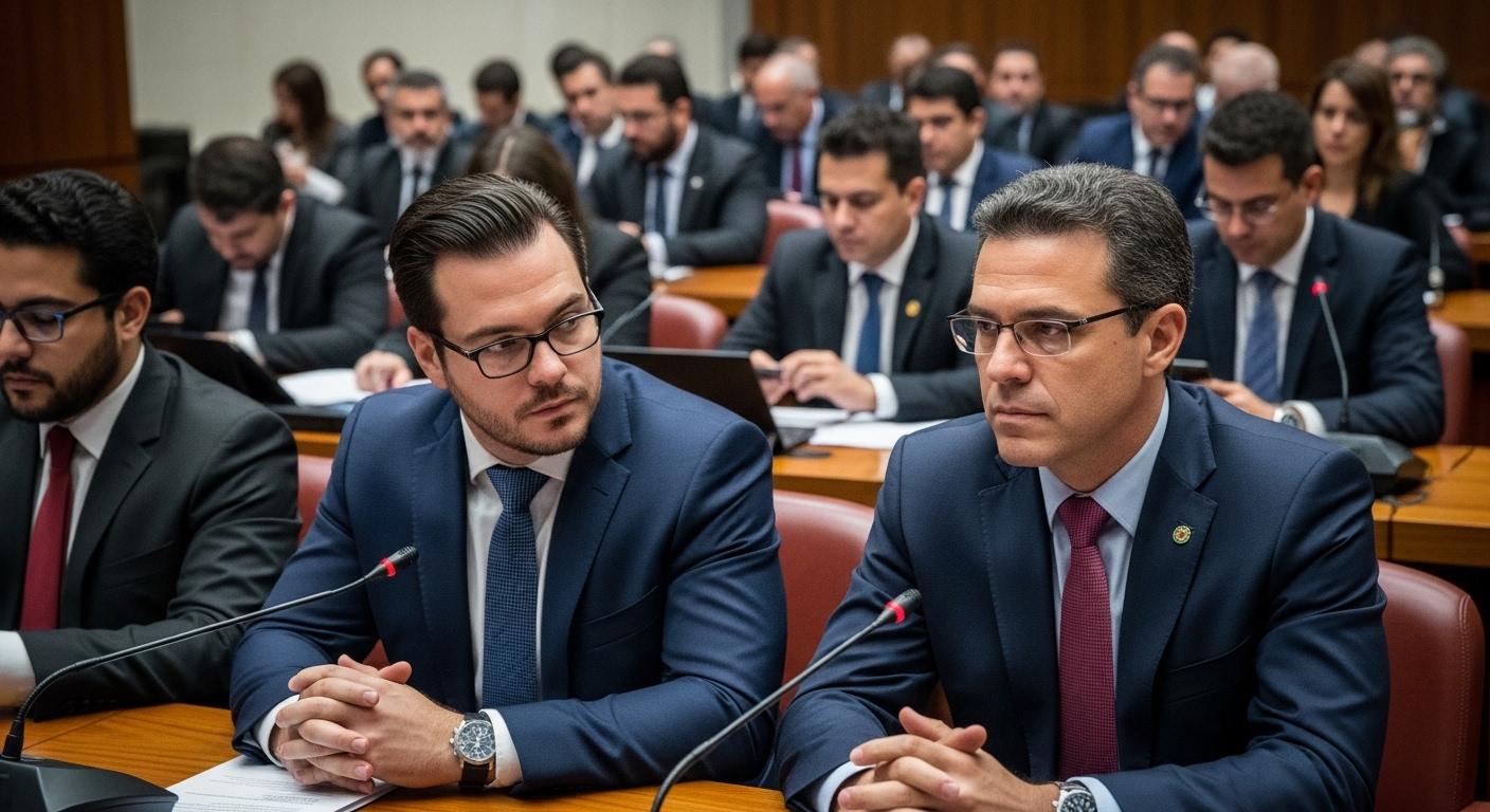 Documentary-style image concept showing a Brazilian concert venue and legal imagery to illustrate divida zero and antitr