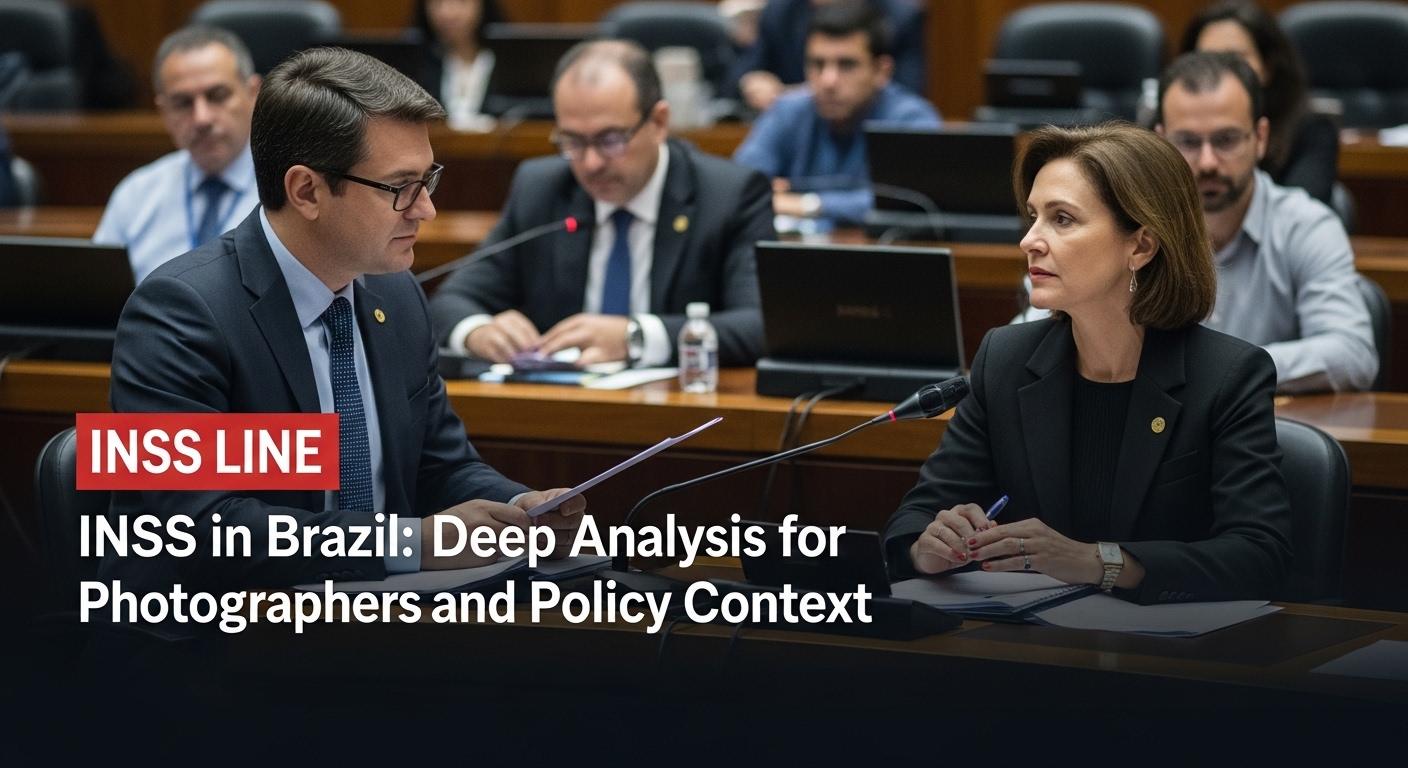 Brazilian photographer analyzing INSS policy notes with camera and notebook on a desk.