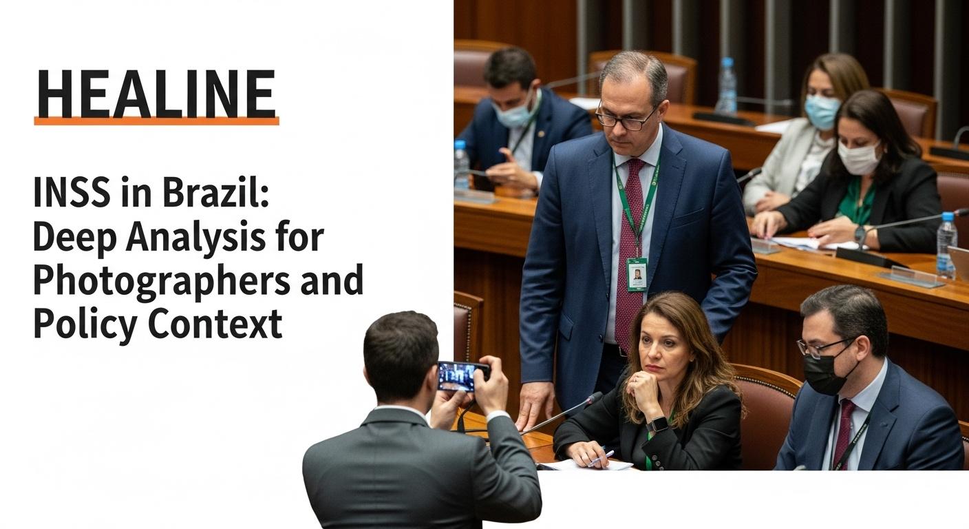 Brazilian photographer analyzing INSS policy notes with camera and notebook on a desk.