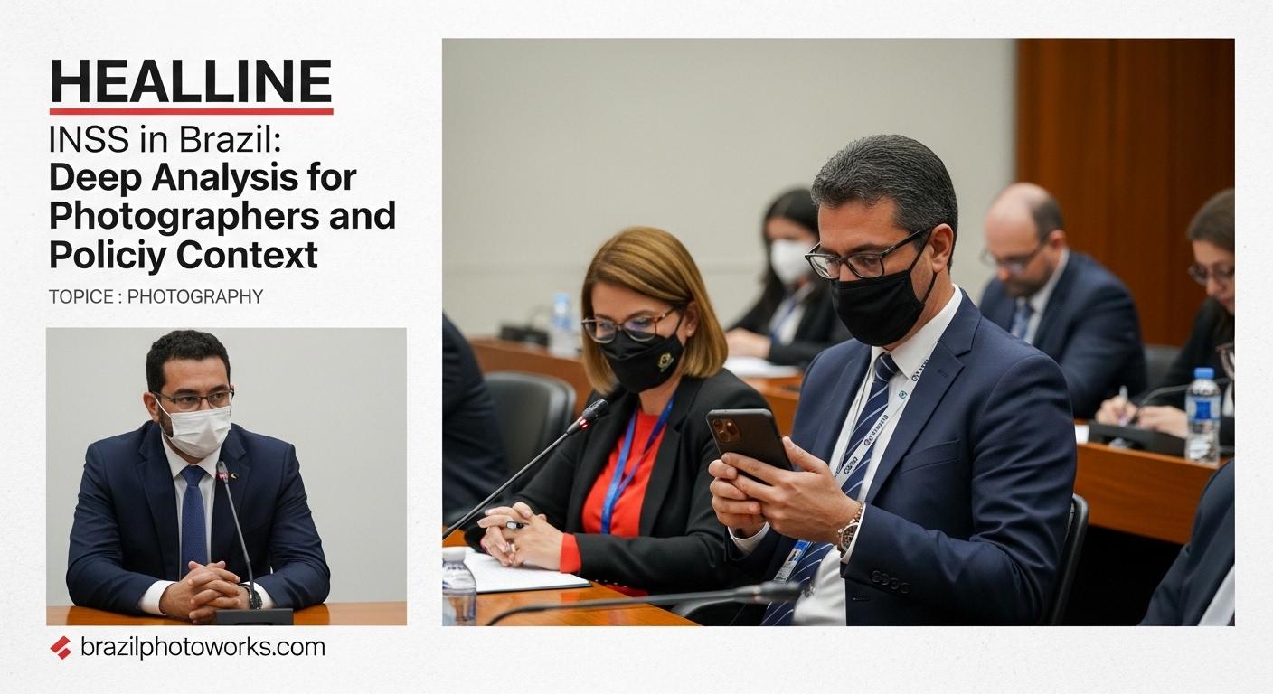 Brazilian photographer analyzing INSS policy notes with camera and notebook on a desk.
