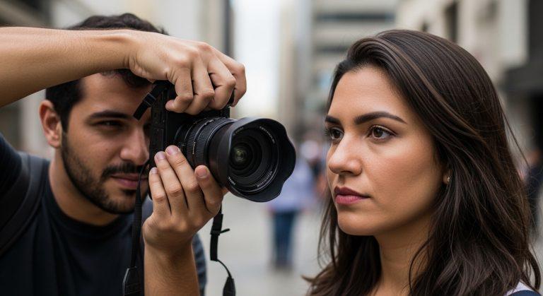 Street photographer in Brazil capturing a candid portrait of a passerby in a lively urban setting