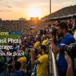 Photographer in Brazil covering Copa do Brasil match, dramatic stadium action at sunset