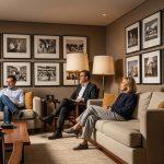 Wall featuring Slim Aarons framed prints in a stylish mid-century Brazilian living room