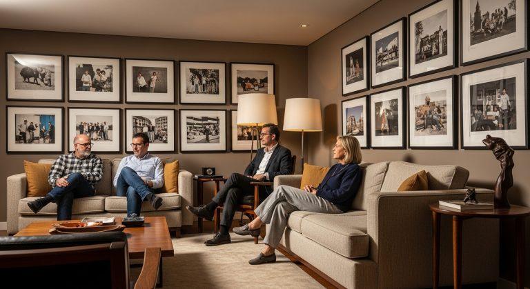 Wall featuring Slim Aarons framed prints in a stylish mid-century Brazilian living room